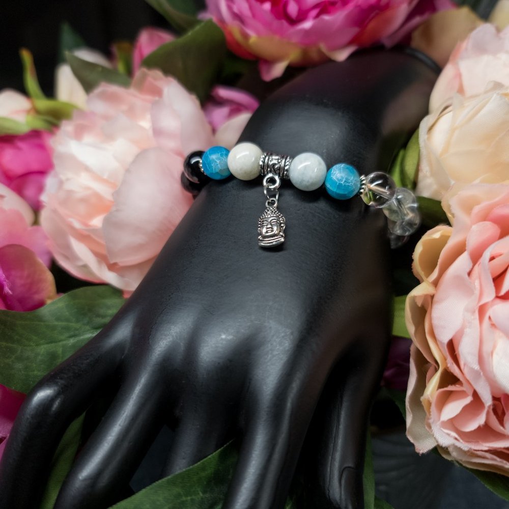 Blue Crackle Agate Buddha Charm Bracelet